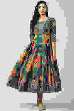 Teal Cotton Flared Fusion Printed Dress image number 0