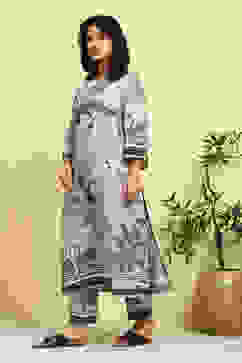 Grey Floral Printed Shantoon Kurta Pants Set image number 3