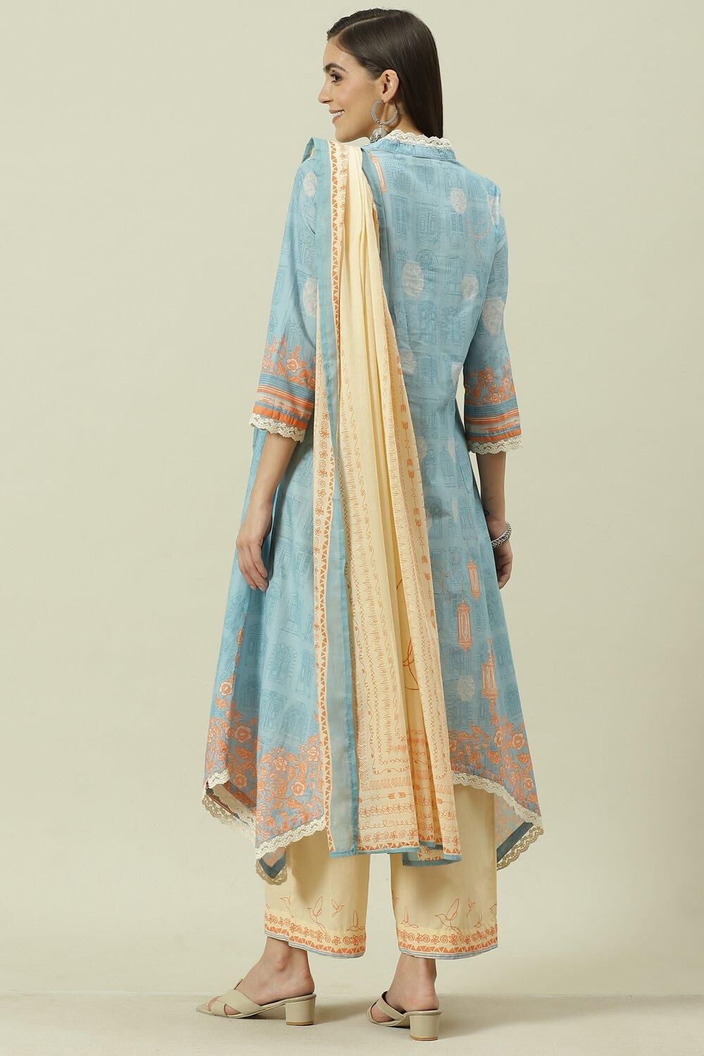 Pale Blue Cotton Kalidar Kurta Palazzo Suit Set image number 4