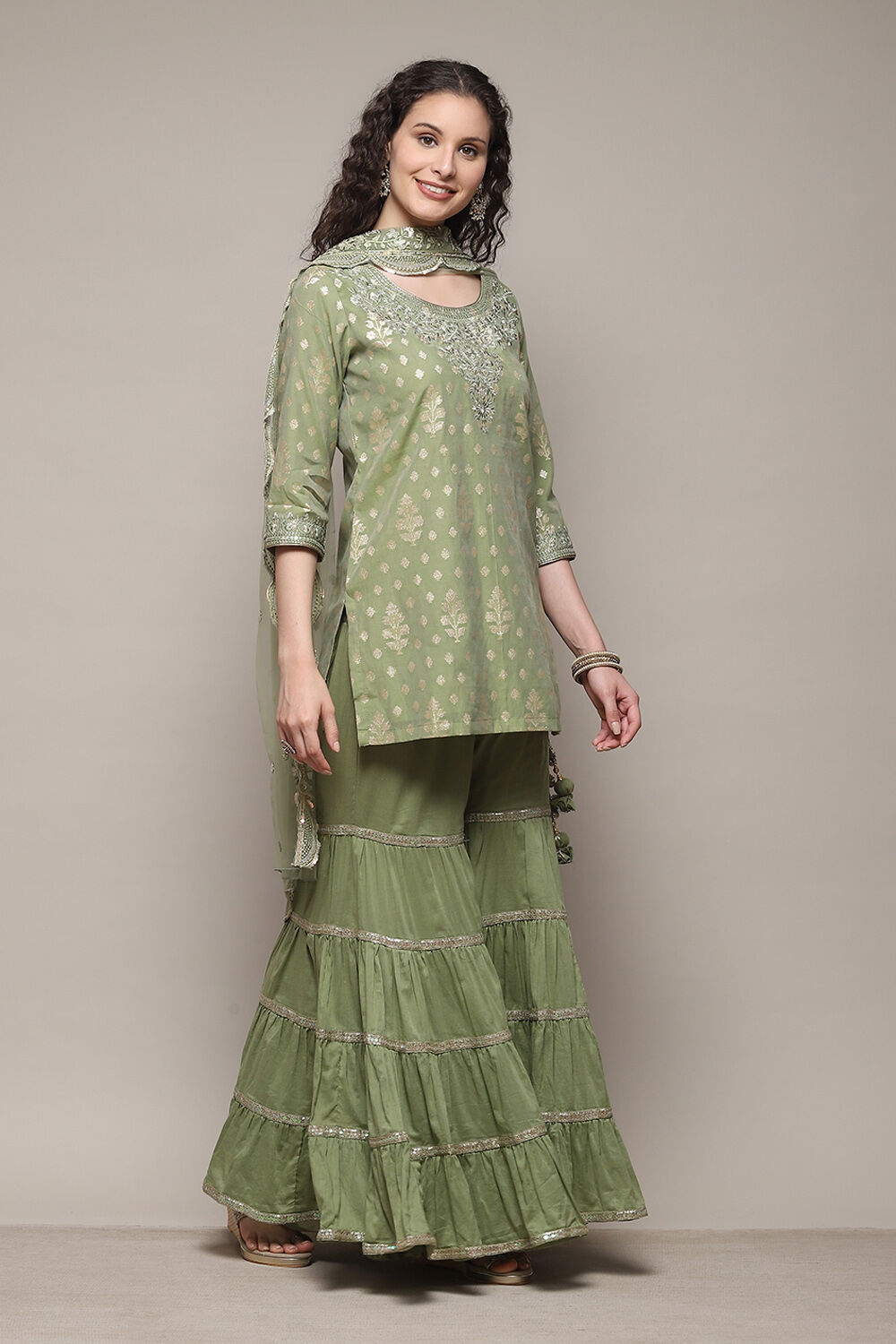 Sap Green Cotton Blend Straight Kurta Garara Suit Set image number 6