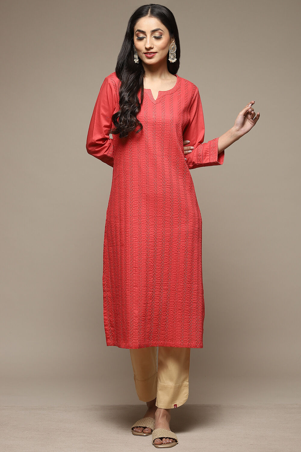 Off White Cotton Straight Kurta image number 0