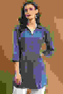 Blue Solid Shirt Collar Straight Short Kurti image number 5