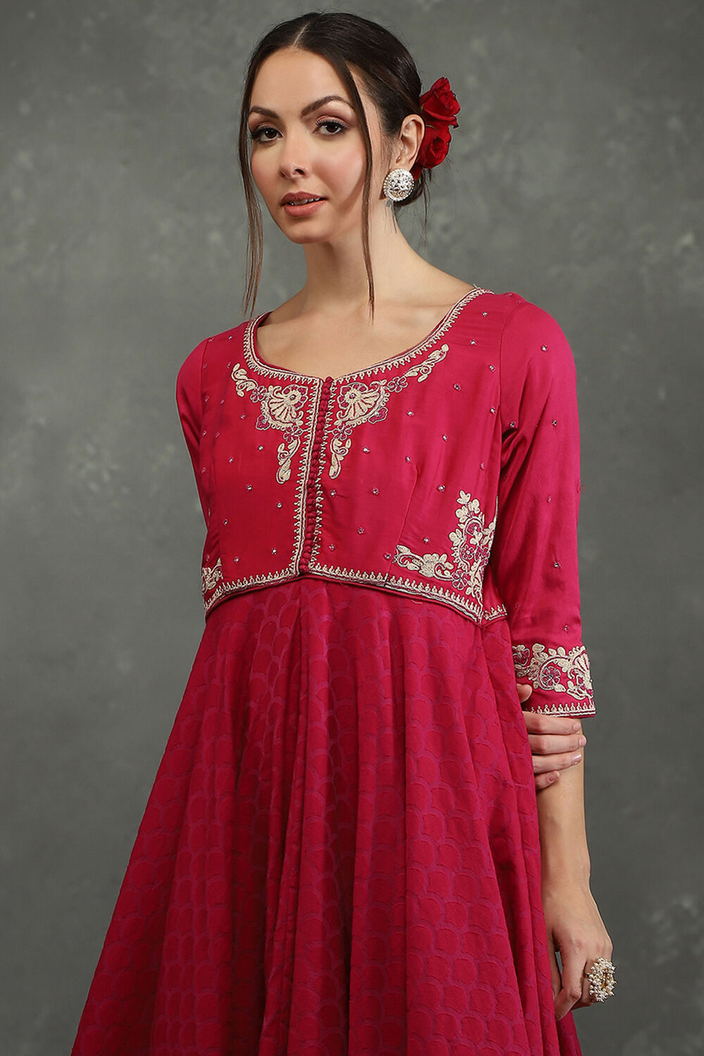 Rohit Bal Pink Silk Chanderi Floral Anarkali Suit Set image number 1