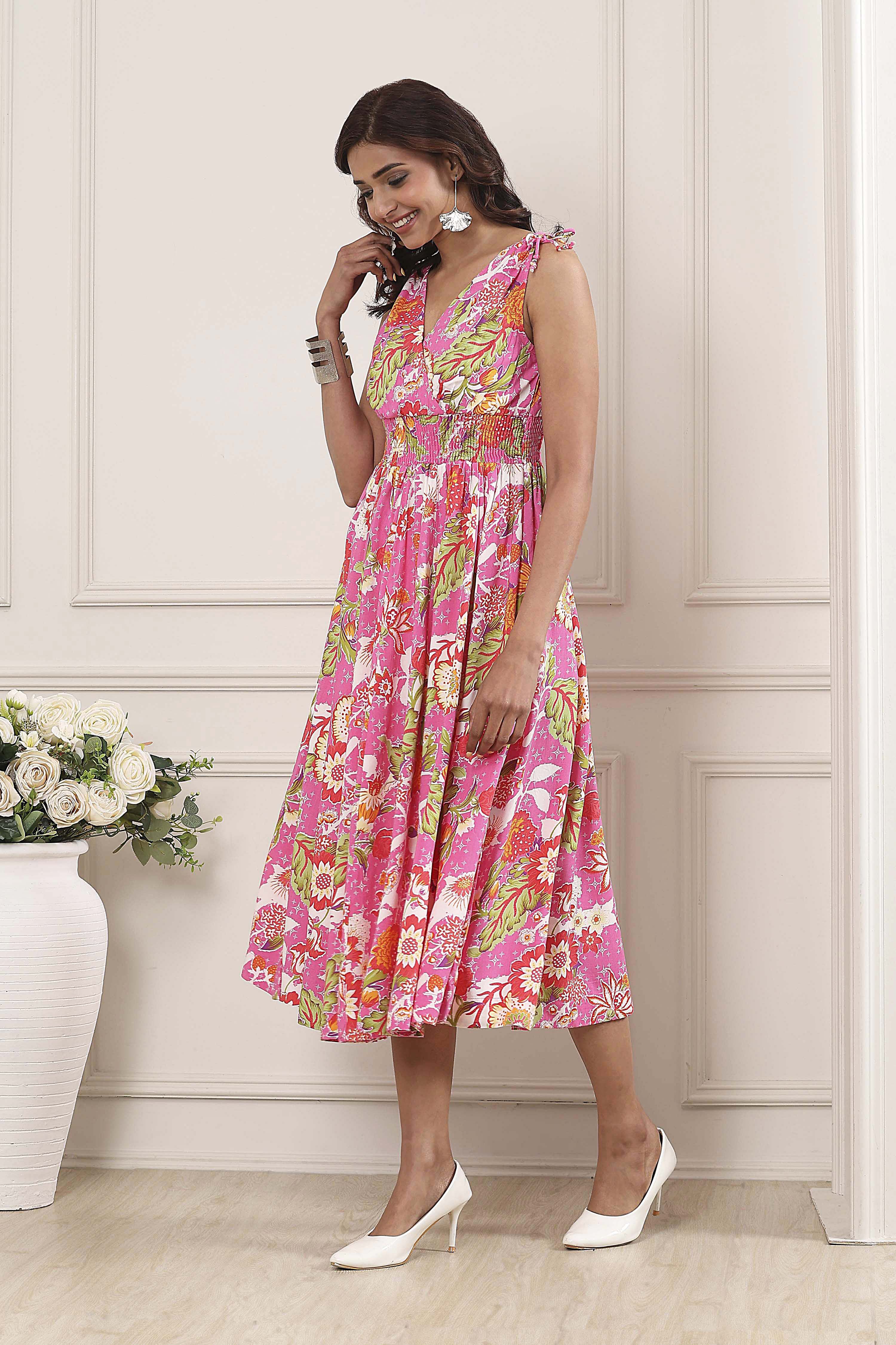 Pink Floral Printed Kalidar Flared Dress image number 2