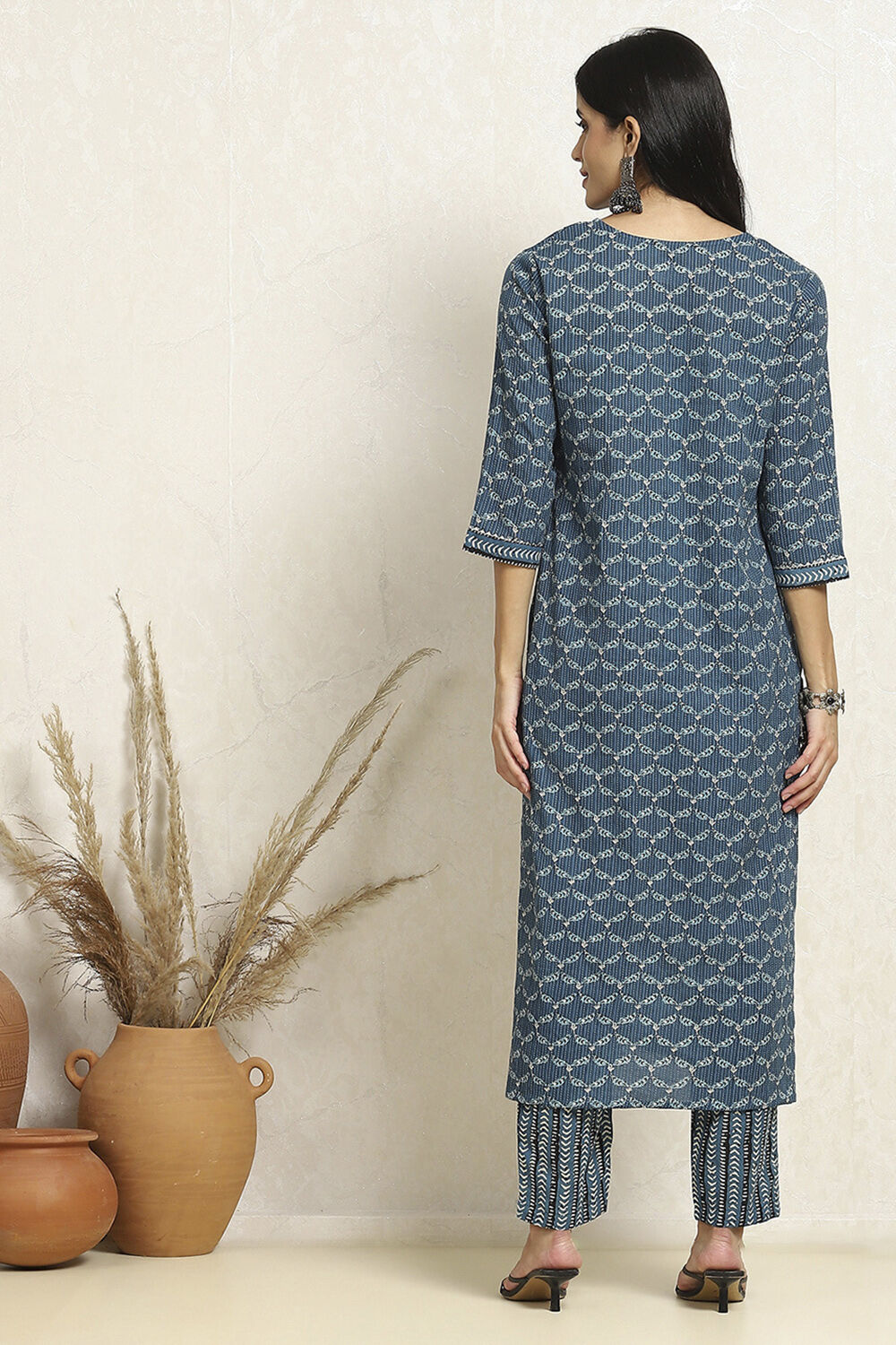 Blue Cotton Printed Unstitched Suit Set image number 5