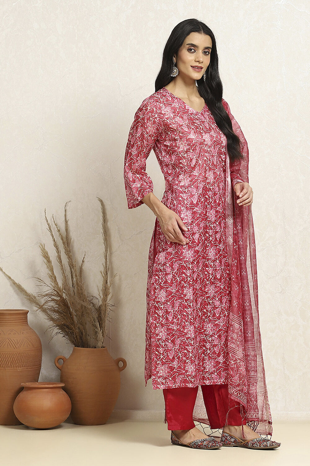 Pink Cotton Kota Floral Printed Unstitched Suit Set image number 6