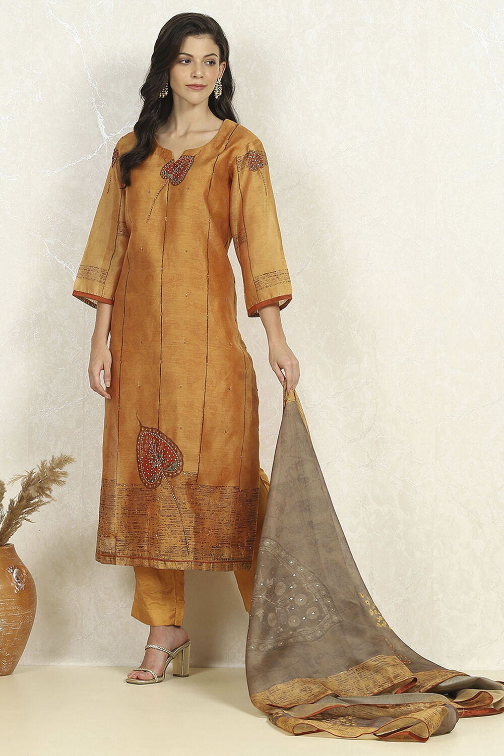 Rust Chanderi Unstitched Suit Set image number 1