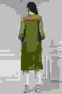 Olive Green Printed Straight Kurta image number 3