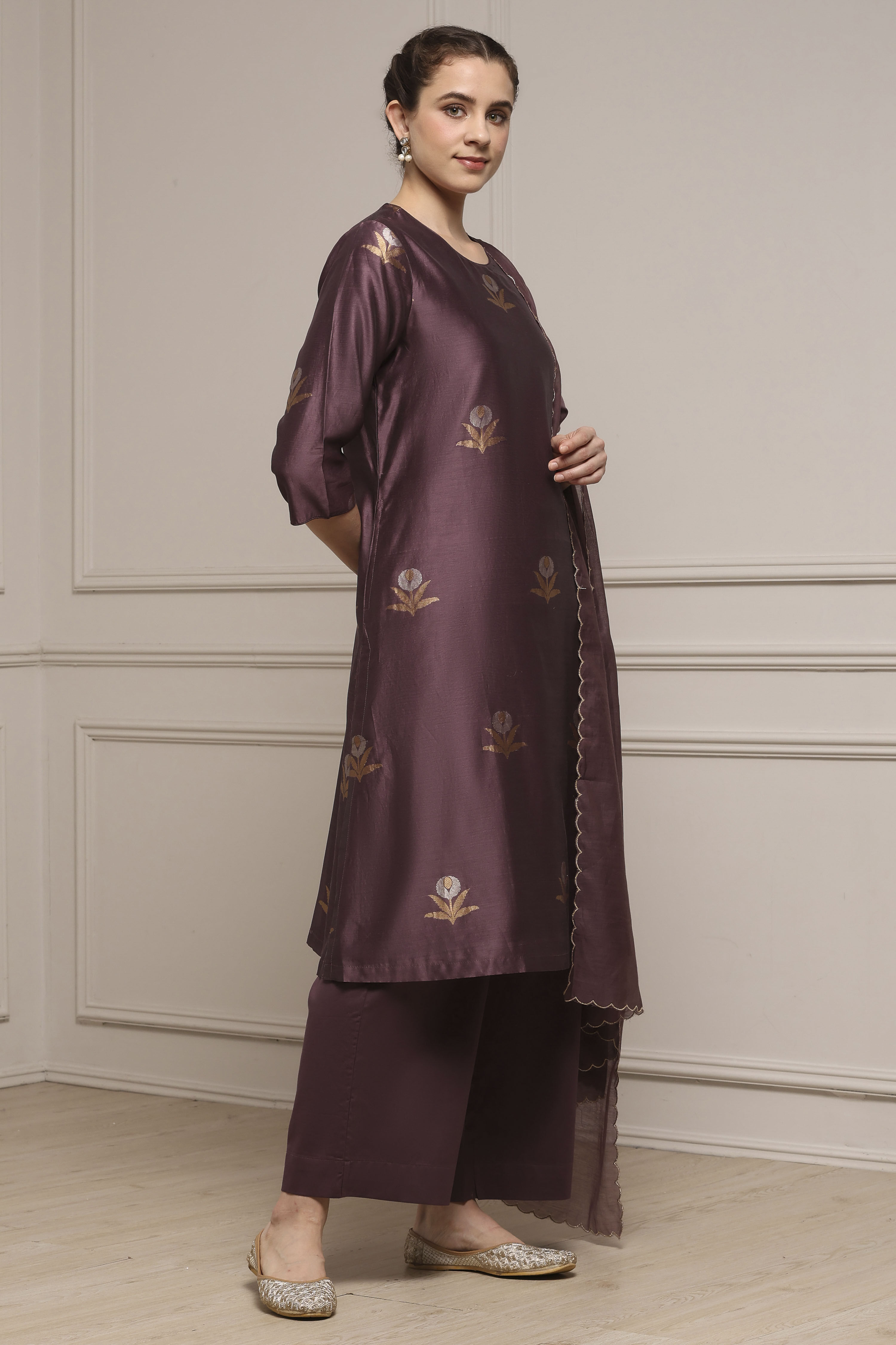 Red Chanderi Printed Straight Suit Set image number 5