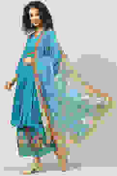 Turquoise Blue Art Silk Gathered Kurta Palazzo Suit Set image number 0