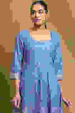 Electric Blue Cotton Printed Anarkali Suit Set image number 1