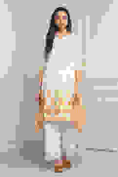 White-Yellow Cotton A-Line Kurta Pants Set image number 0