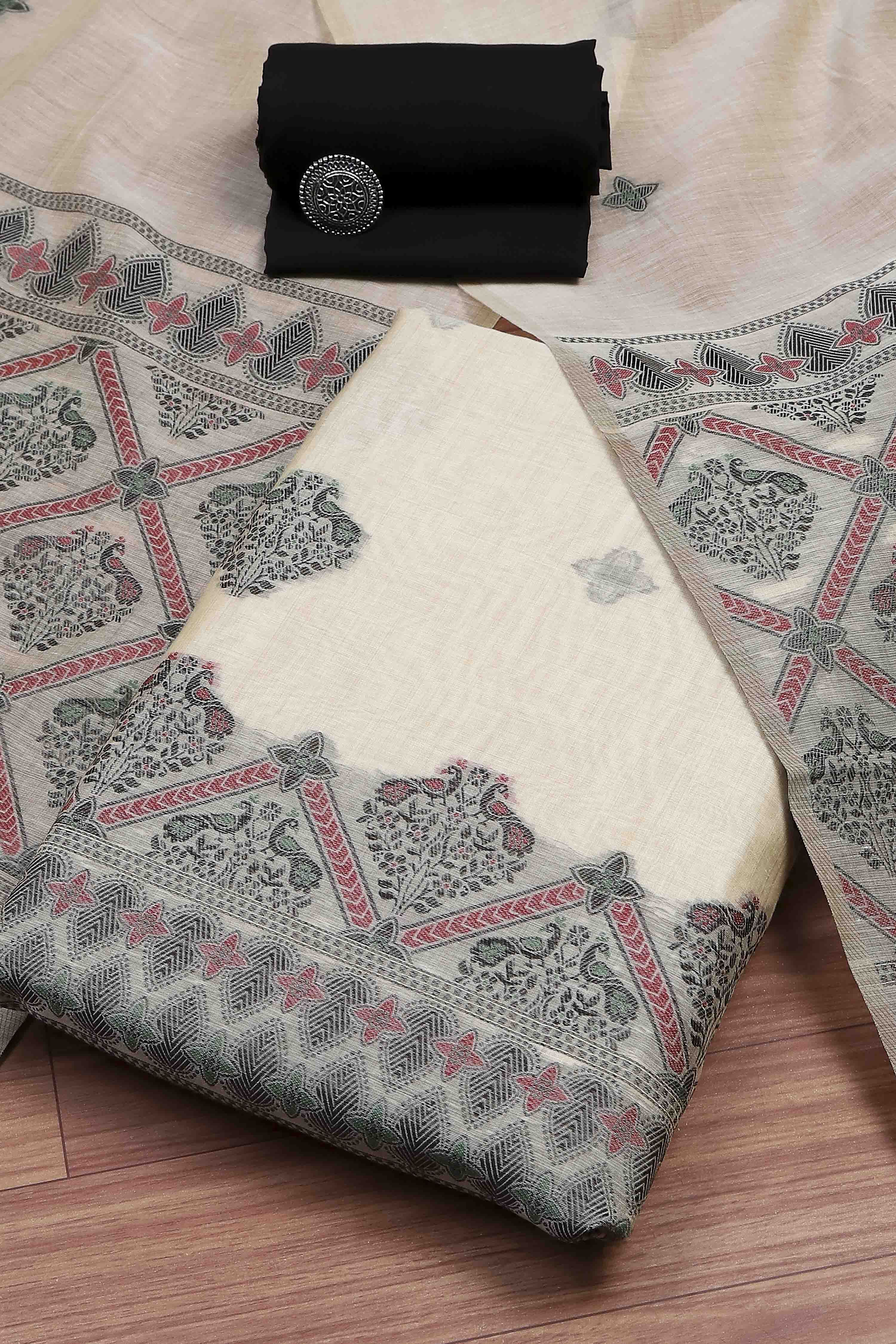 Black Cotton Jamdani Unstitched Suit Set image number 0