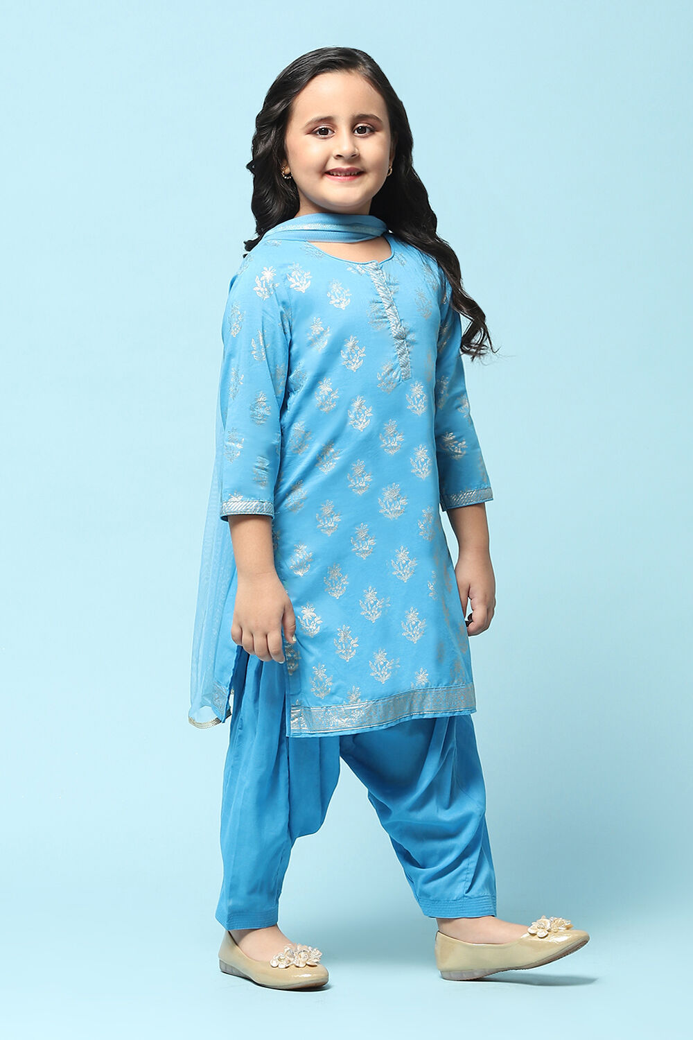 Turquoise Cotton Straight Printed Kurta Patiala Salwar Suit Set image number 6