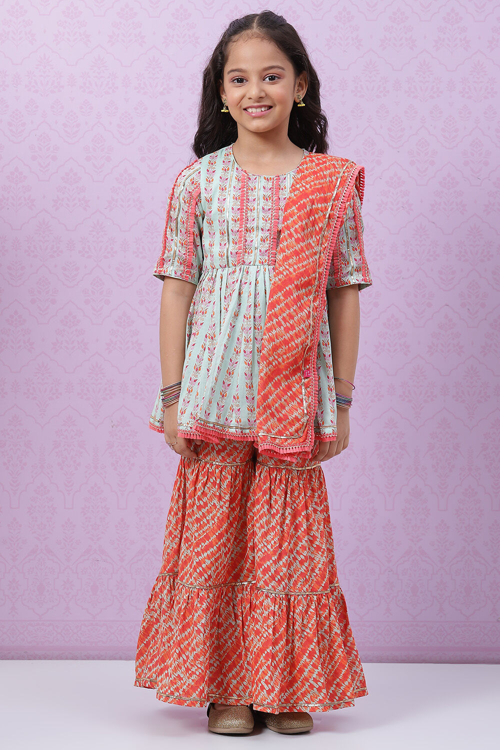 Aqua Coral Cotton Flared Garara Kurta Garara Suit Set image number 7