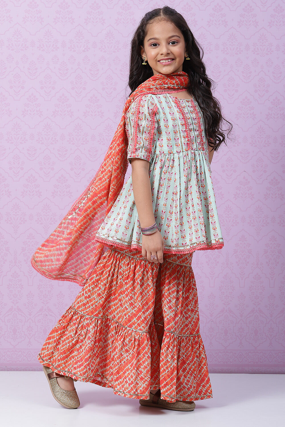 Aqua Coral Cotton Flared Garara Kurta Garara Suit Set image number 2