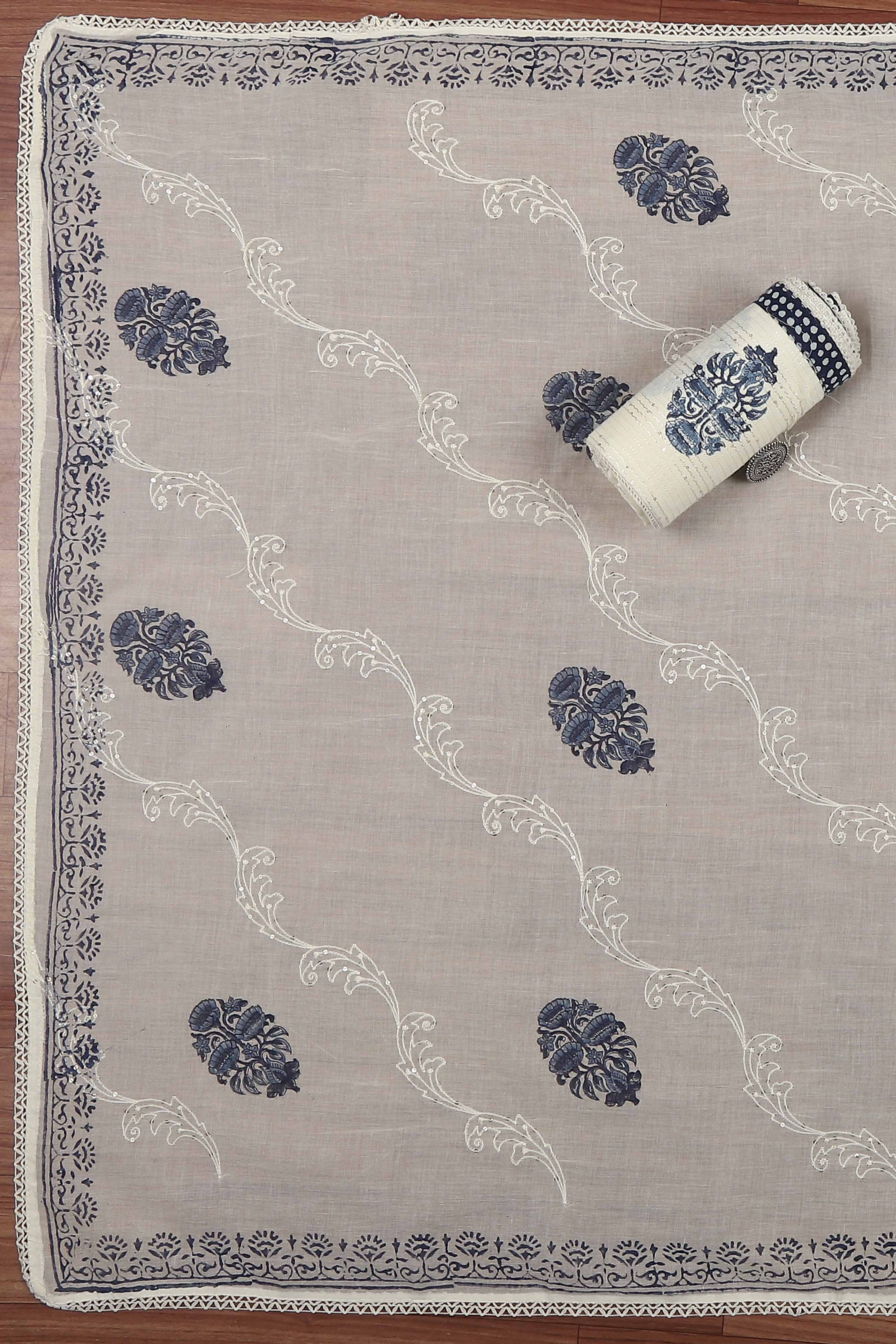 Indigo Cotton Printed Embroidered Unstitched Suit Set image number 3