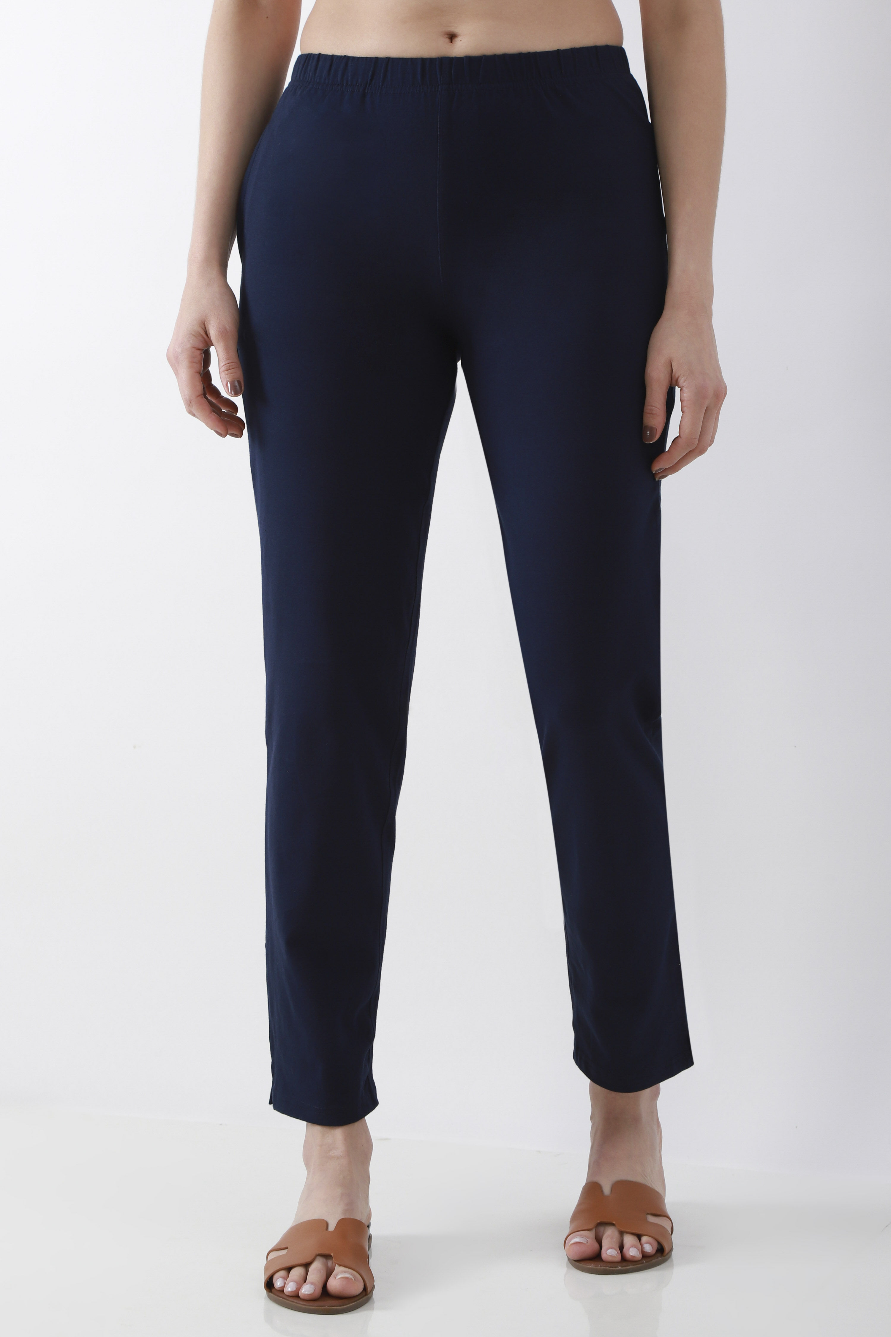 Navy Blue Solid Cotton Lycra Straight Pants image number 4