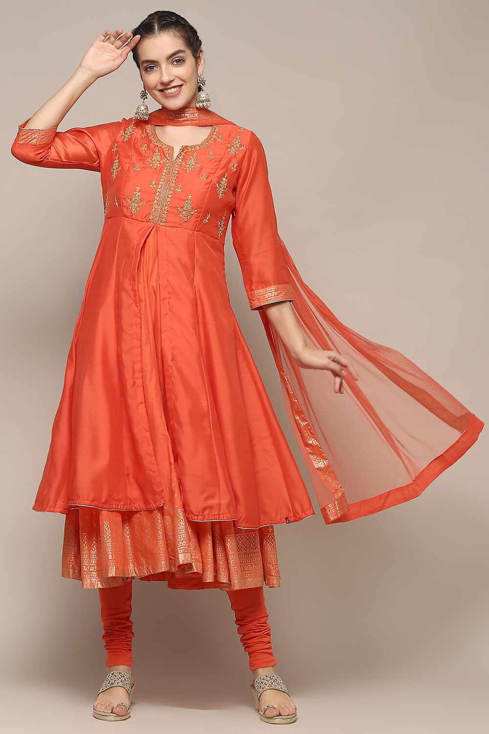 Coral Poly Chanderi Anarkali Kurta Churidar Suit Set image number 0