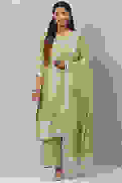 Moss Green Cotton Straight Kurta Palazzo Suit Set image number 0
