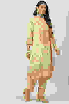 Pale Yellow Rayon Asymmetric Kurta Regular Pant Suit Set image number 6