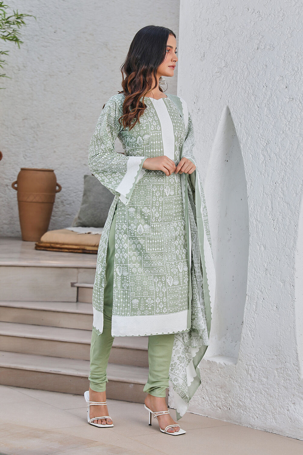 Green Cotton Blend Digital Print Unstitched Suit Set  image number 5
