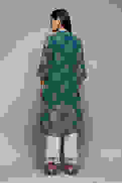 Teal Polyester Straight Printed Kurta image number 4