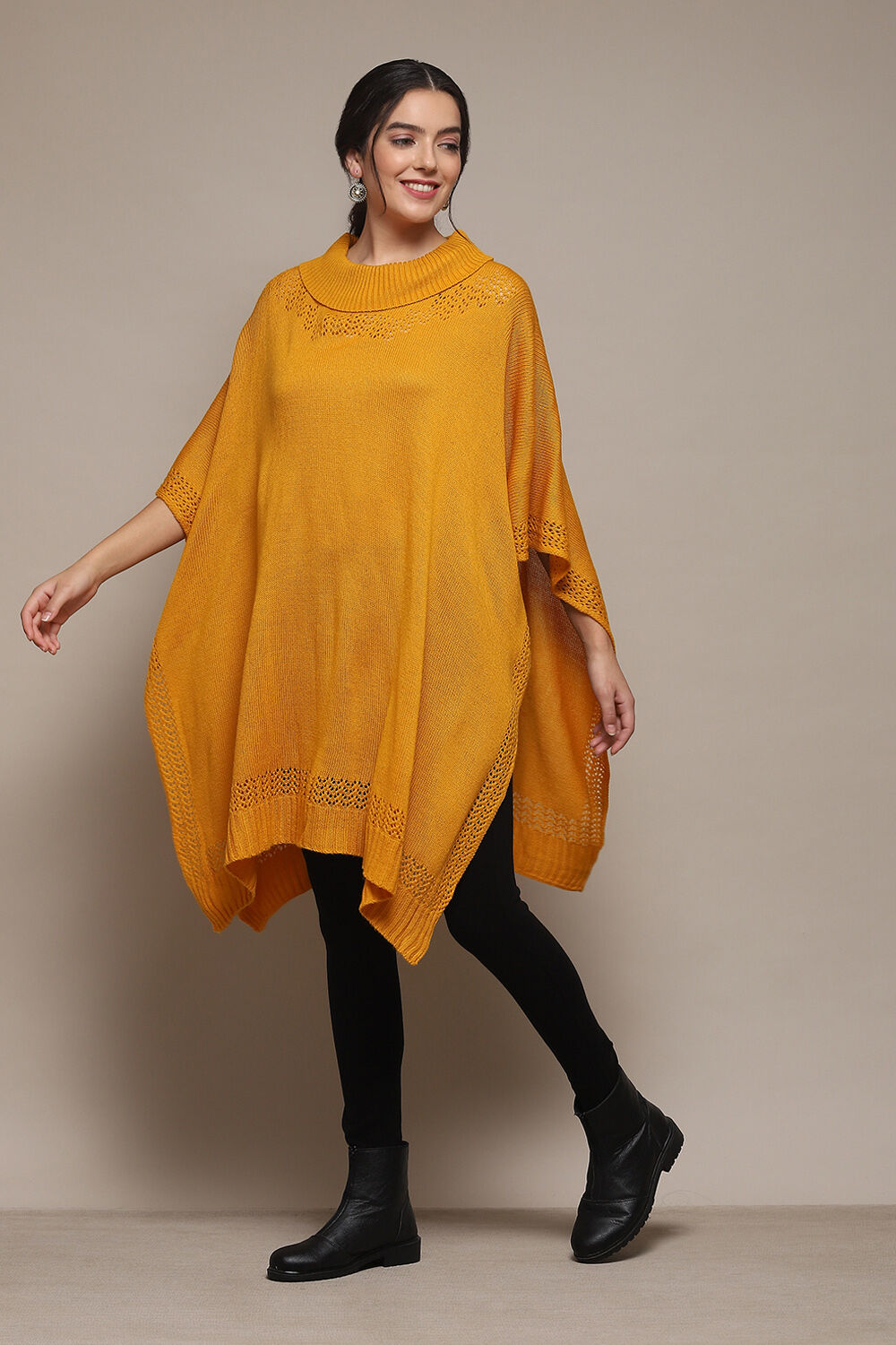 Mustard Acrylic Solid Straight Poncho Sweater image number 2