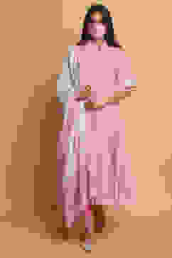 Light Pink Cotton Flared Kurta Churidar Suit Set image number 5