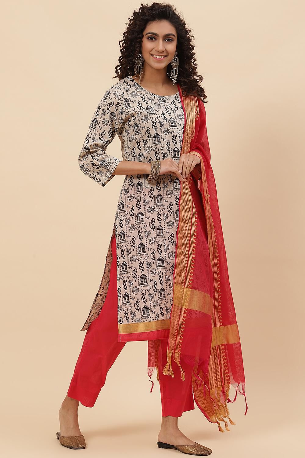 Off White Cotton Handloom Unstitched Suit Set image number 6