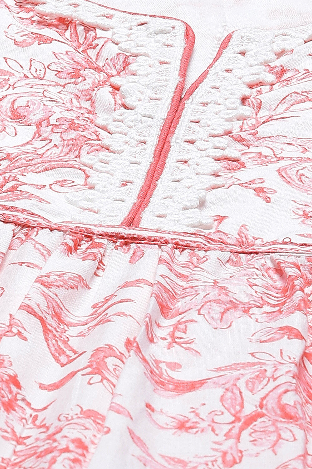 White And Pink Cotton Flared Kurta Churidar Suit Set image number 1