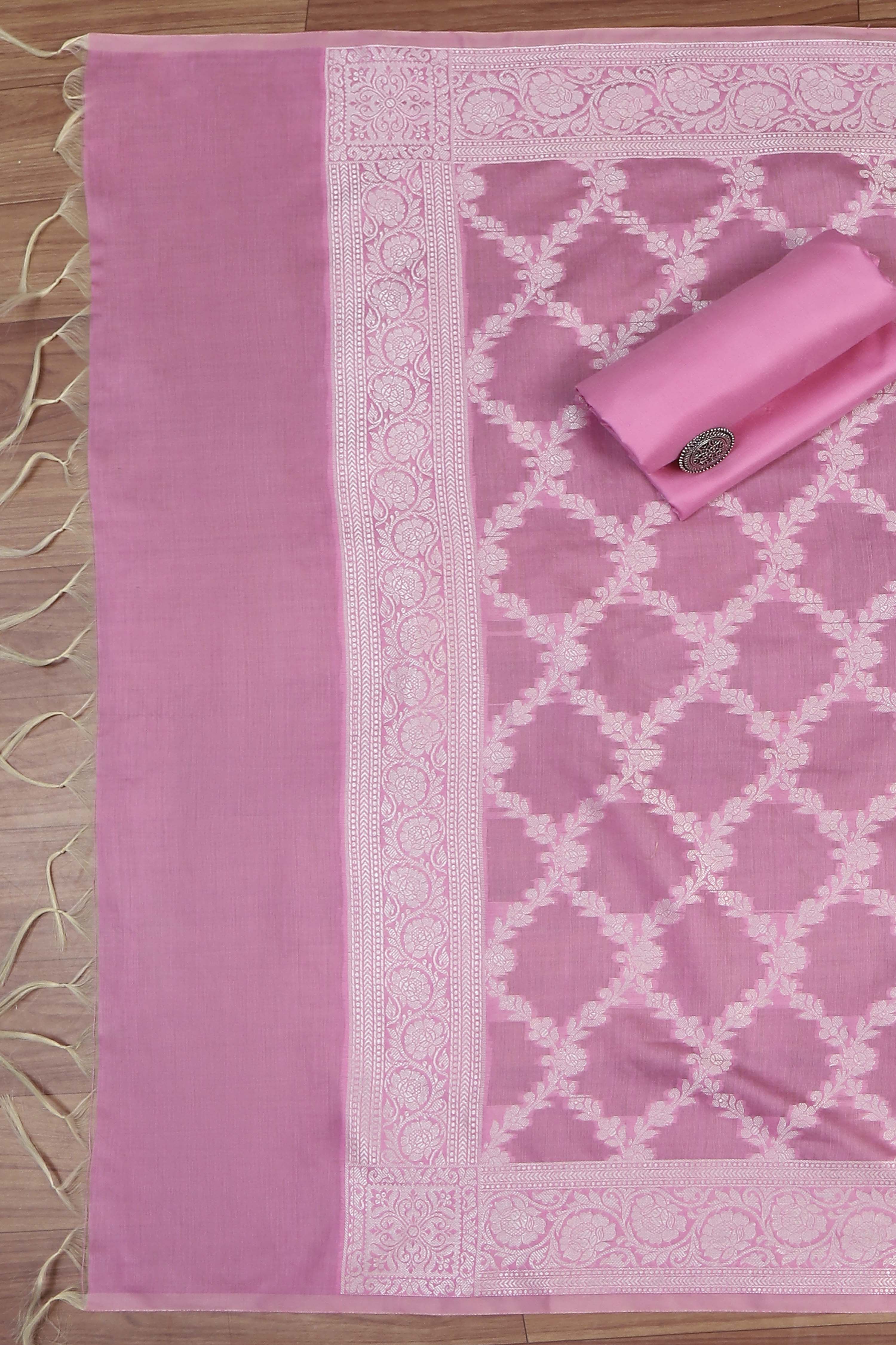 Pink Cotton Printed Embroidered Unstitched Suit Set image number 1