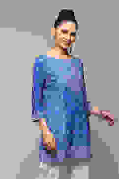 Royal Blue LIVA Straight Printed Kurti image number 3