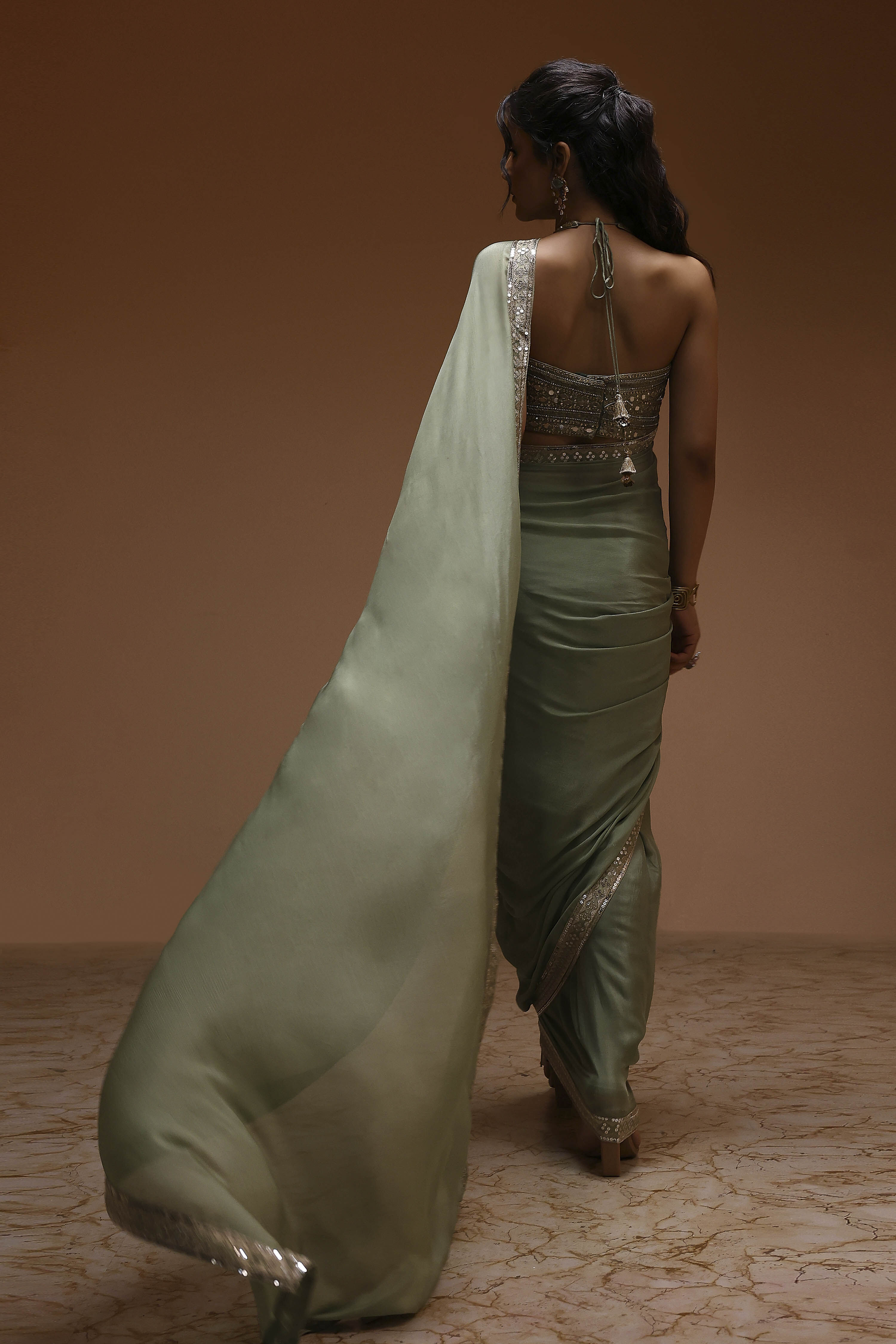 Sage Green Pure Chinnon Pre-Draped Saree image number 3