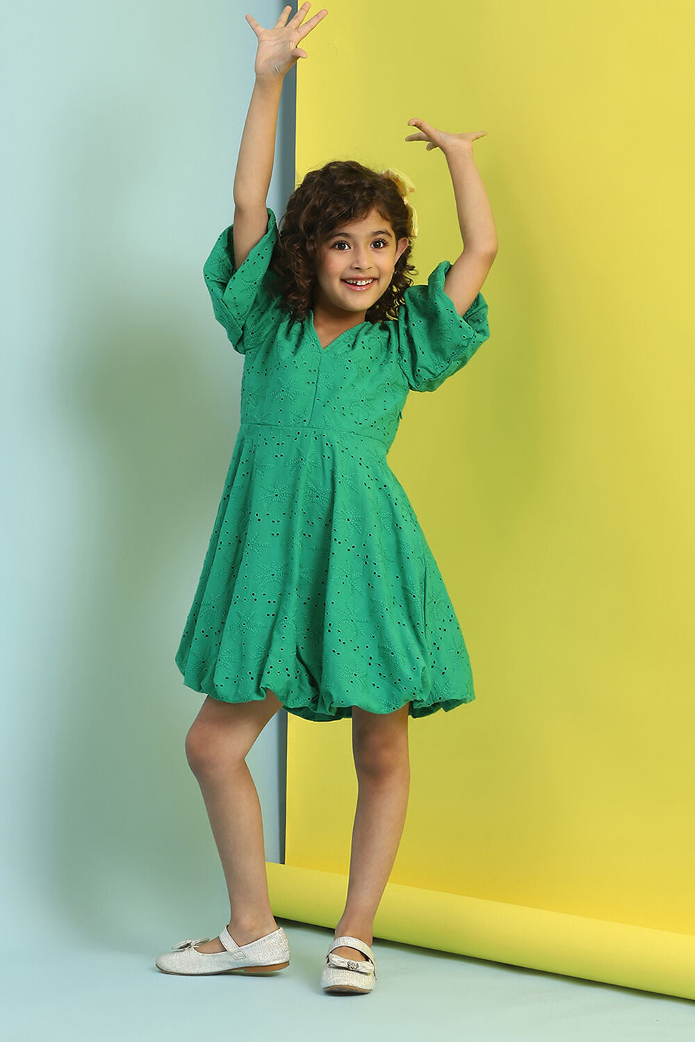 Green Cotton Schiffli Flared Dress image number 0