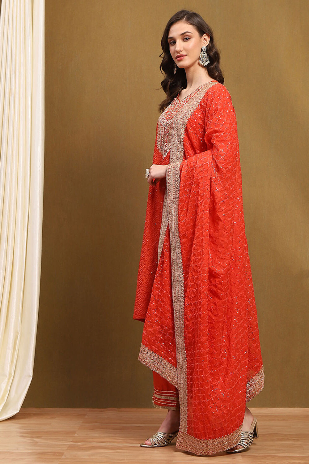 Orange Silk Embroidered Festive Straight Suit Set image number 3