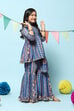 Blue Polyester Gathered Printed Suit Set image number 6