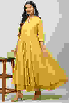 Ochre Cotton Flared Fusion Printed Dress image number 5