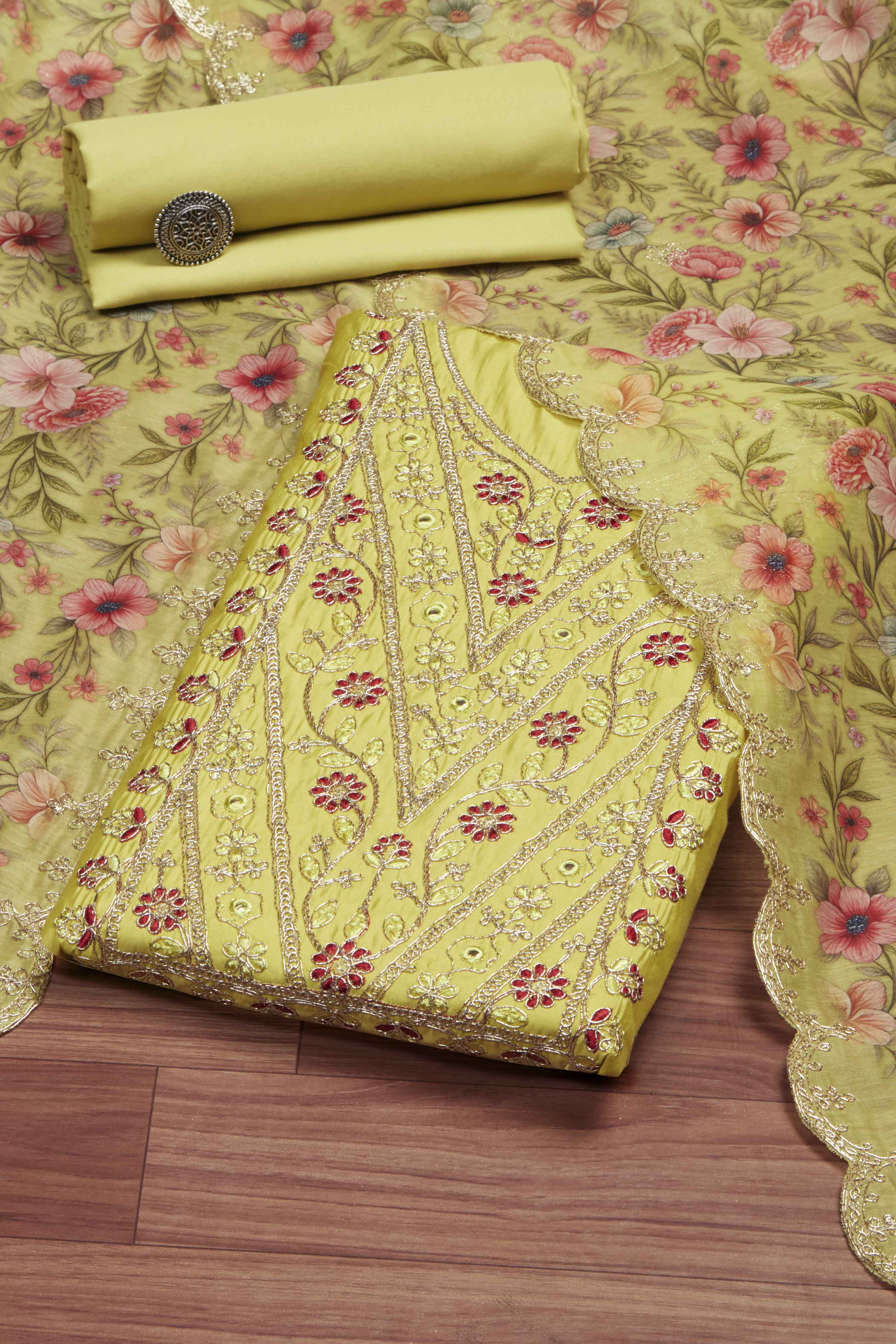 Teal Cotton Printed Embroidered Unstitched Suit Set image number 0