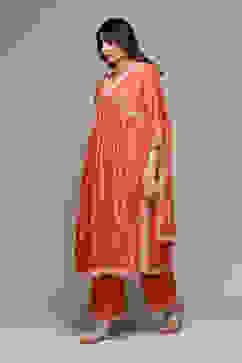 Coral Cotton Blend Gathered Kurta Palazzo Suit Set image number 6