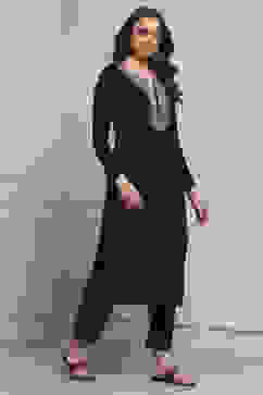 Black Acrylic Solid Straight Winter Kurta image number 4