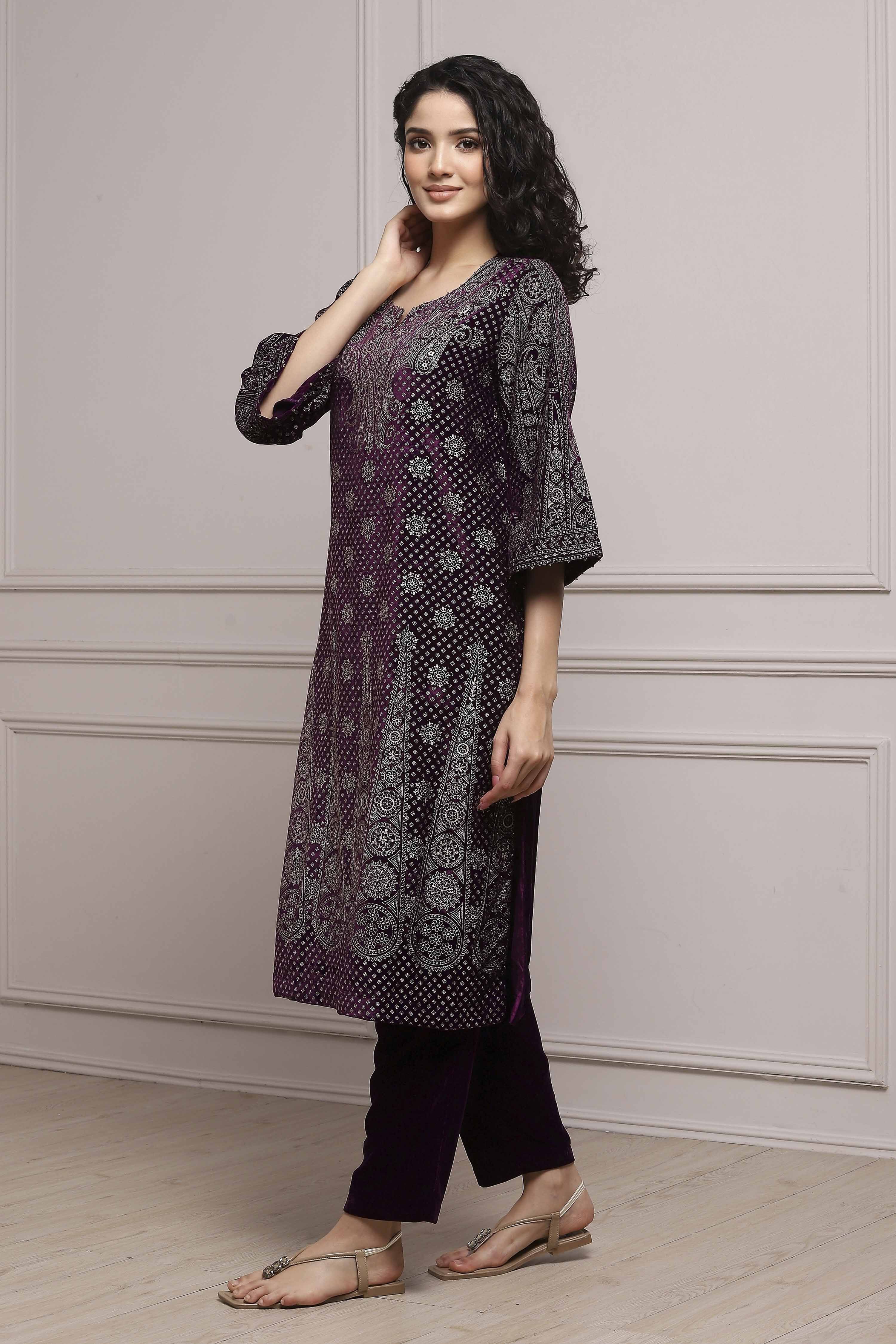 Purple Velvet Straight Winter Kurta Set image number 3
