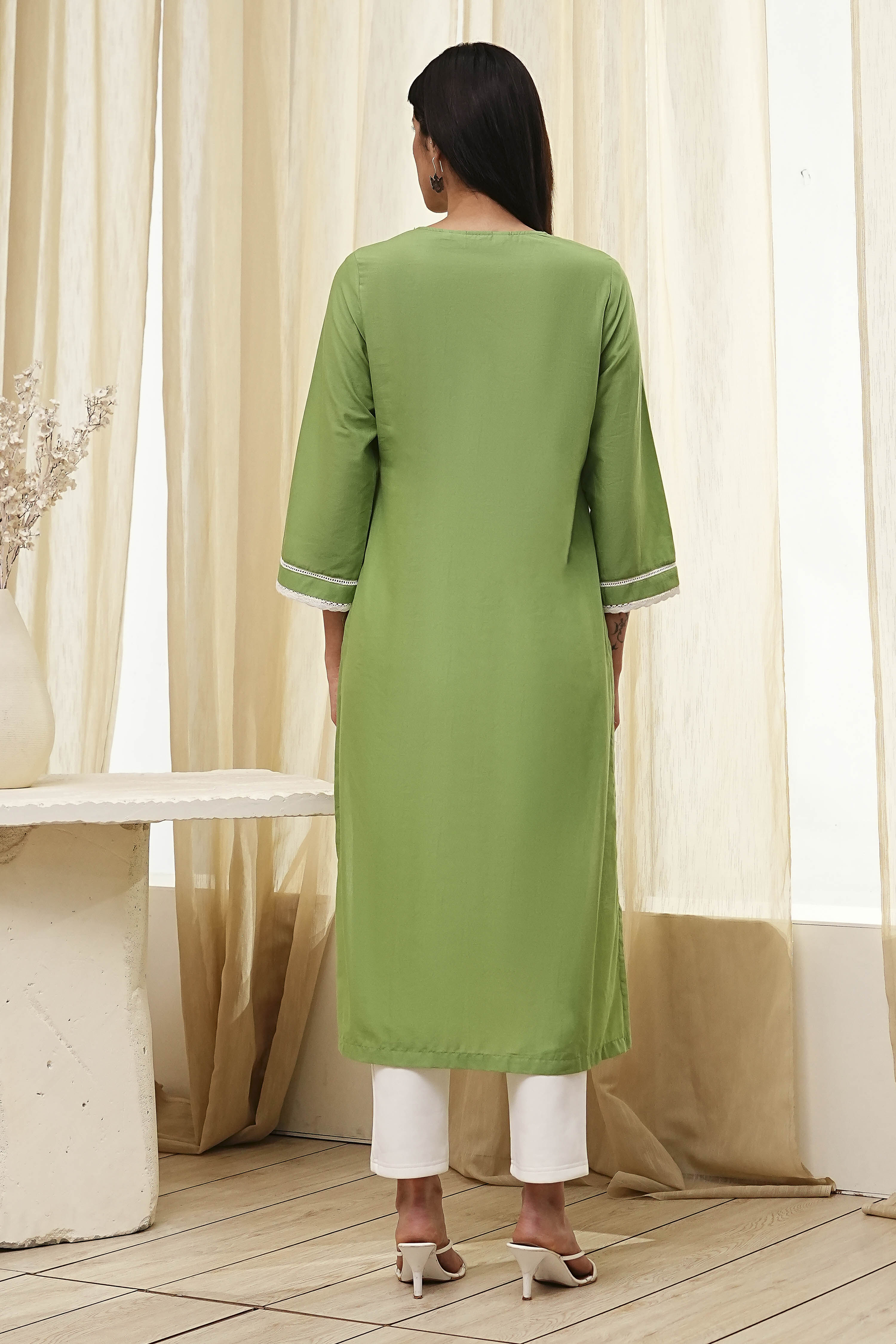 Olive Green Cotton Straight Kurta image number 3