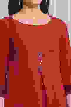 Red Cotton A-Line Kurta Pants Set image number 1