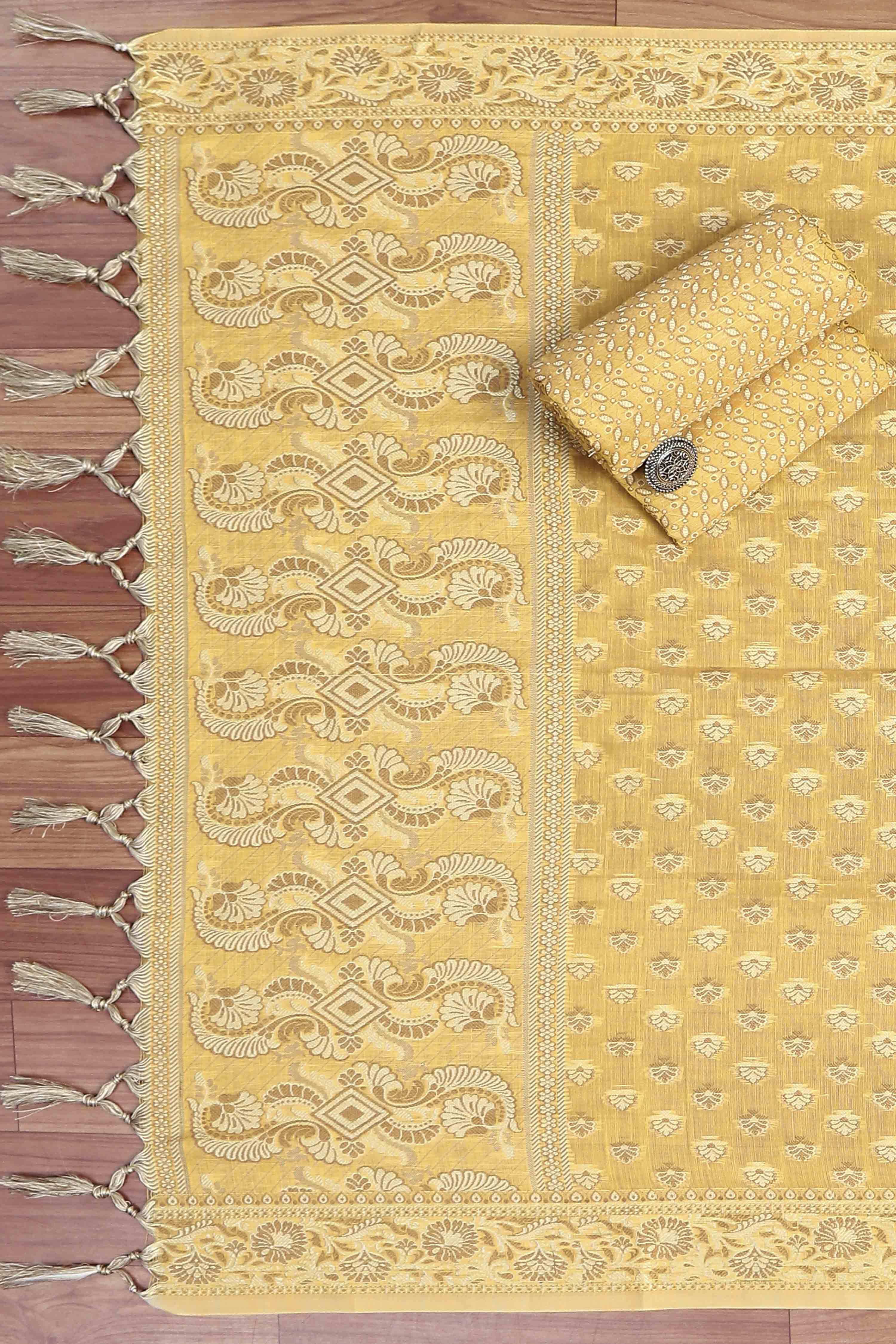 Mustard Poly Cotton Banarasi Unstitched Suit Set image number 3