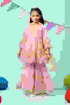 Peach Nylon Gathered Embroidered Kurta Garara Suit Set image number 0