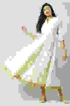 Off White Cotton Flared Fusion Printed Dress image number 5