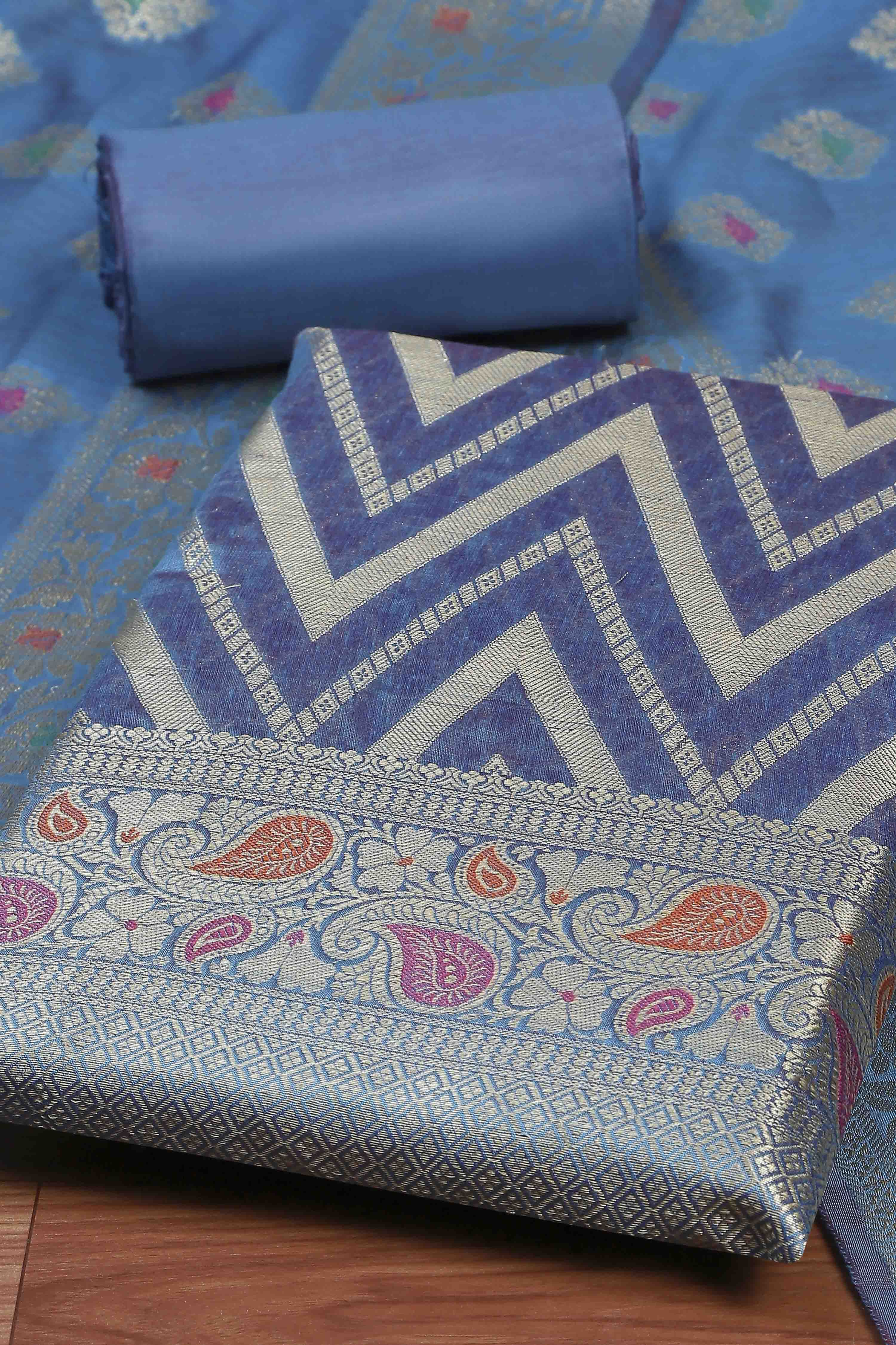 Blue Cotton Printed Embroidered Unstitched Suit Set image number 1