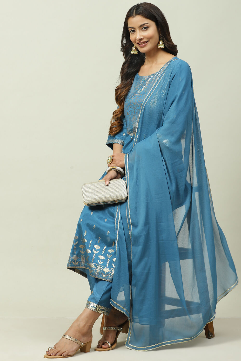 Blue Printed Viscose Straight Kurta Regular Pant Suit Set image number 0