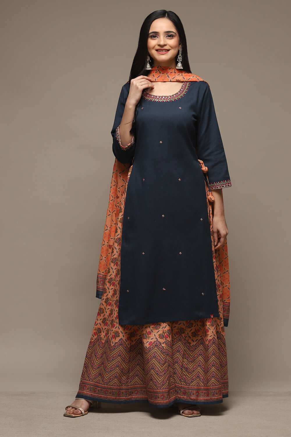 Blue Cotton Straight Kurta Sharara Suit Set image number 7